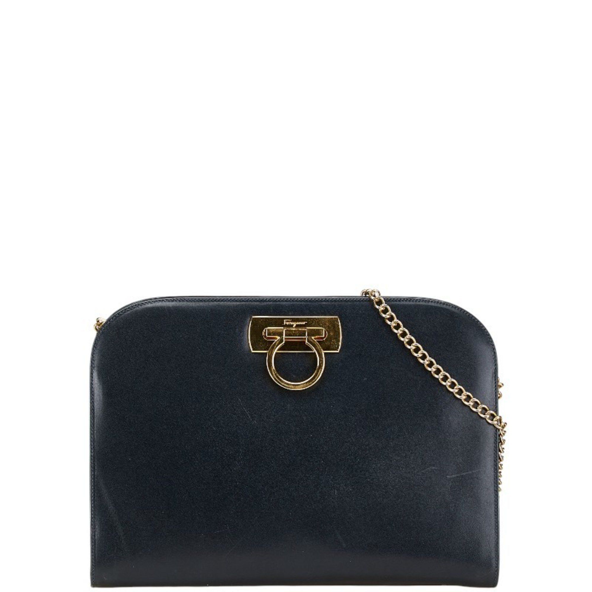 Salvatore Ferragamo Gancini Chain Shoulder Bag P21 0587 Navy Leather Women's in Blue