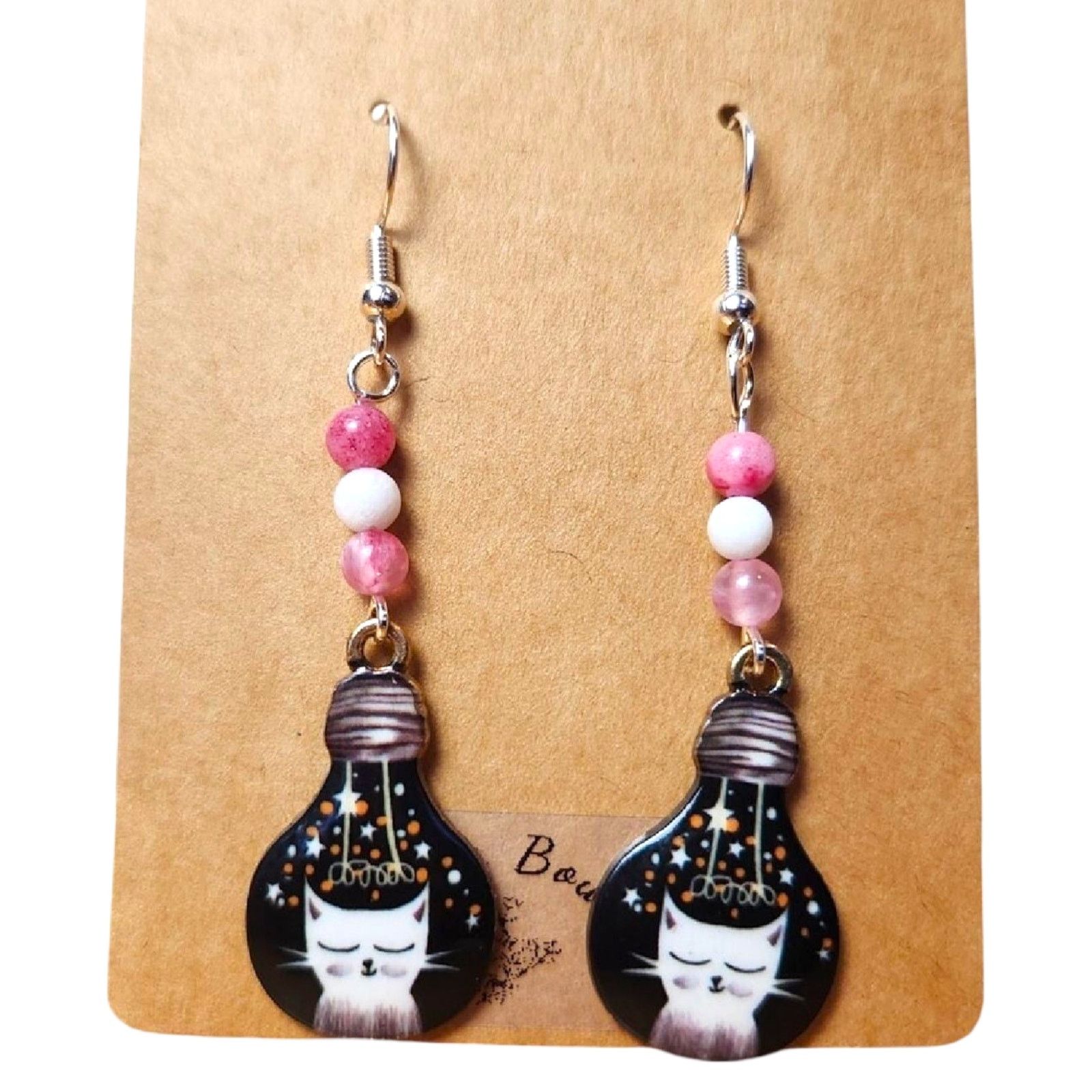 Other Handmade Cat Lightbulb Earrings Pink White Jade Beads Size ONE SIZE - 1 Thumbnail