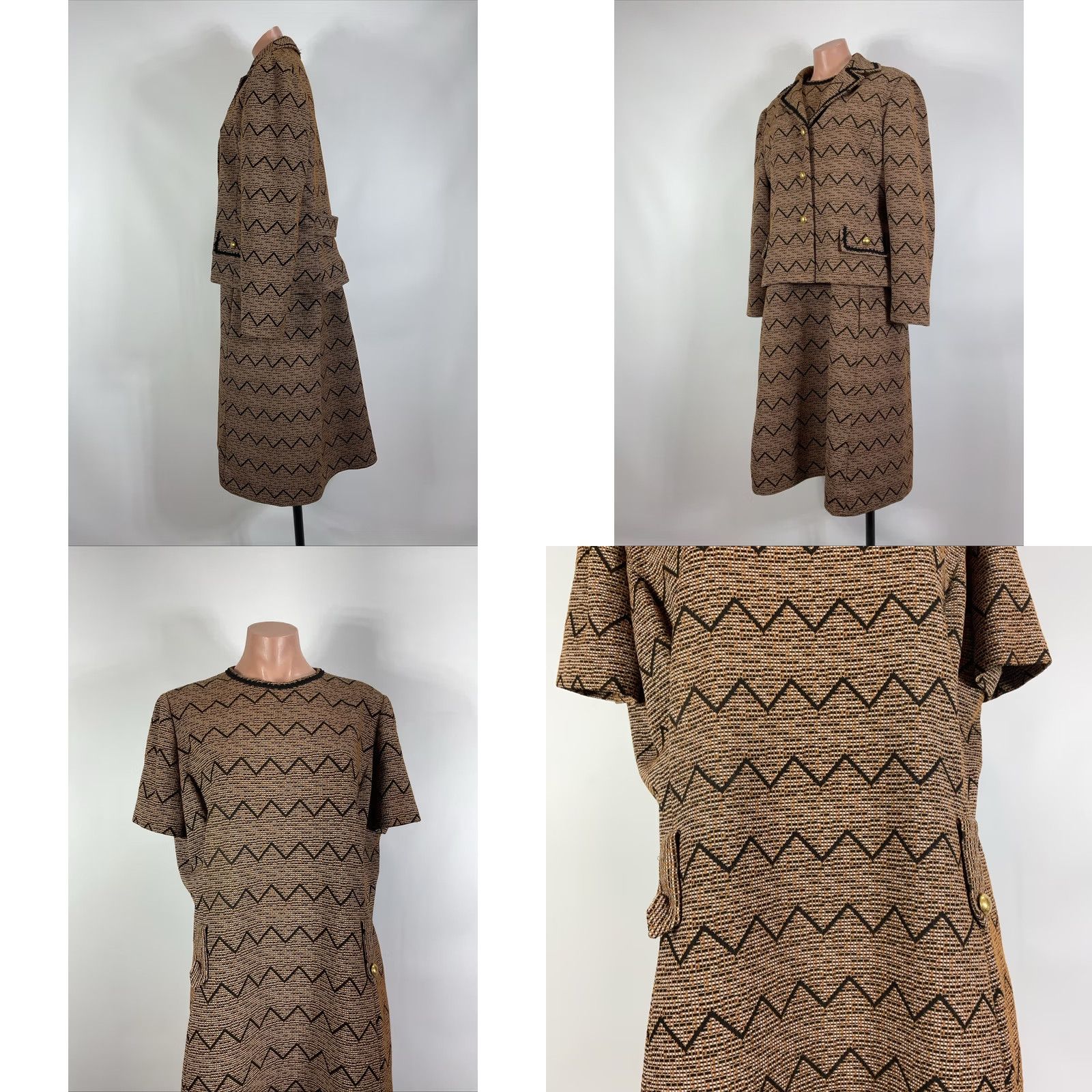Vintage VINTAGE 50S MOD CHEVRON TWEED JACKET A LINE DRESS SUIT PLUS sz 20 UnionMade Brown Acrylic Blend Art Deco Womens 1940s Size 3XL / US 20-22 - 8 Thumbnail