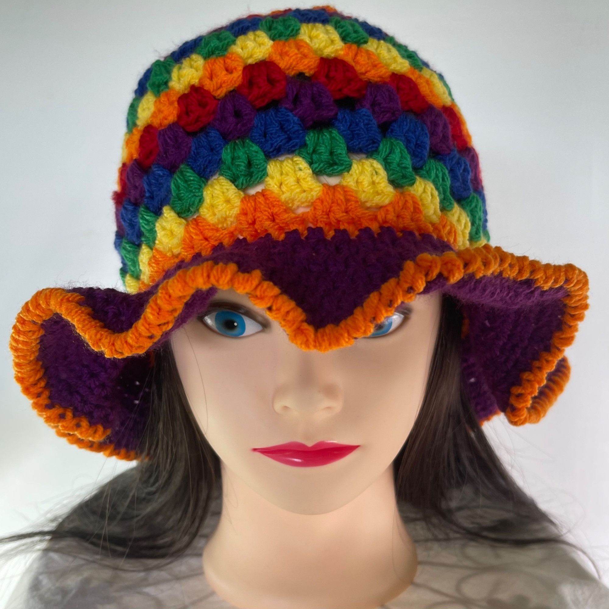 Handmade Crochet Bucket Hat Granny Square Pattern Rainbow Colors Tall Size ONE SIZE - 5 Thumbnail