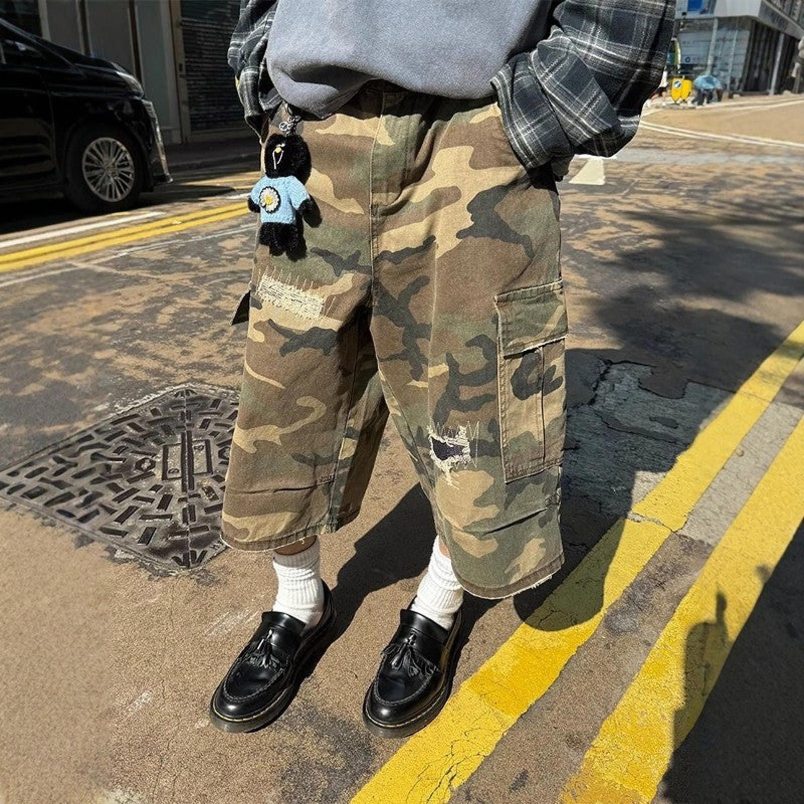 Camo Distressed Jorts Baggy Shorts