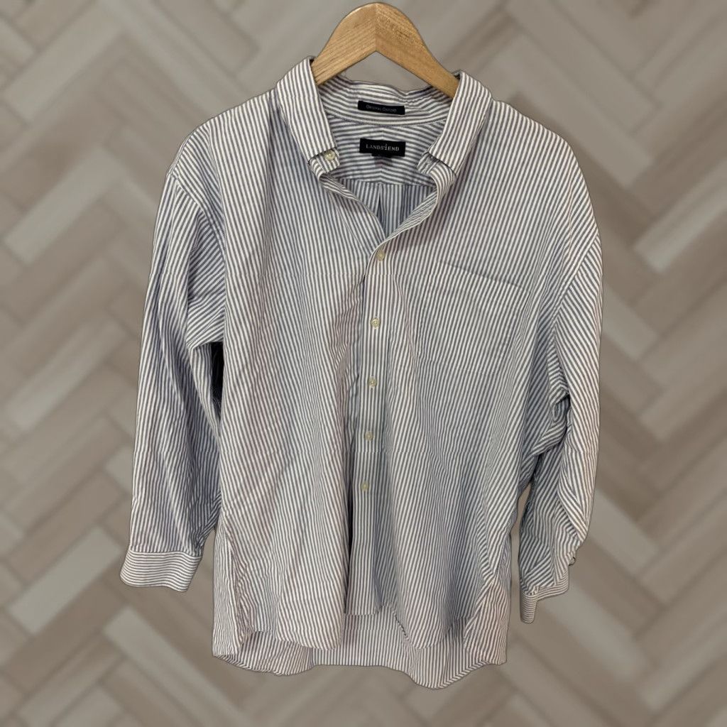 Lands' End Lands' End Trim Fit Oxford Long Sleeve Button Shirt Blue Striped Men's 17 1/2 33 Size US XL / EU 56 / 4 - 1 Thumbnail