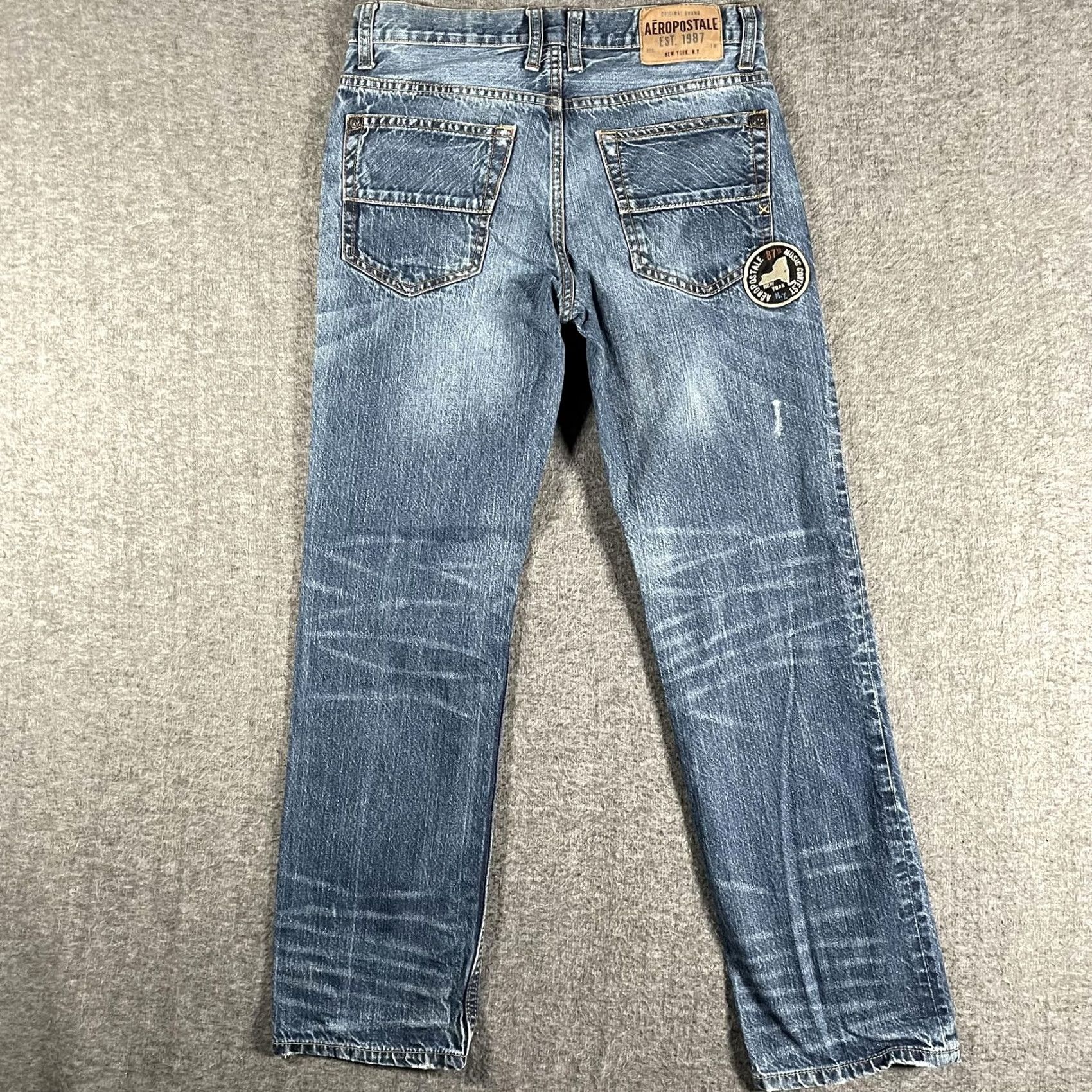 Vintage Aéropostale Essex Jeans Mens 29x30 Blue Denim Music Patch Distressed Straight Leg Rock Shirt/Jeans Size US 29 - 6 Thumbnail