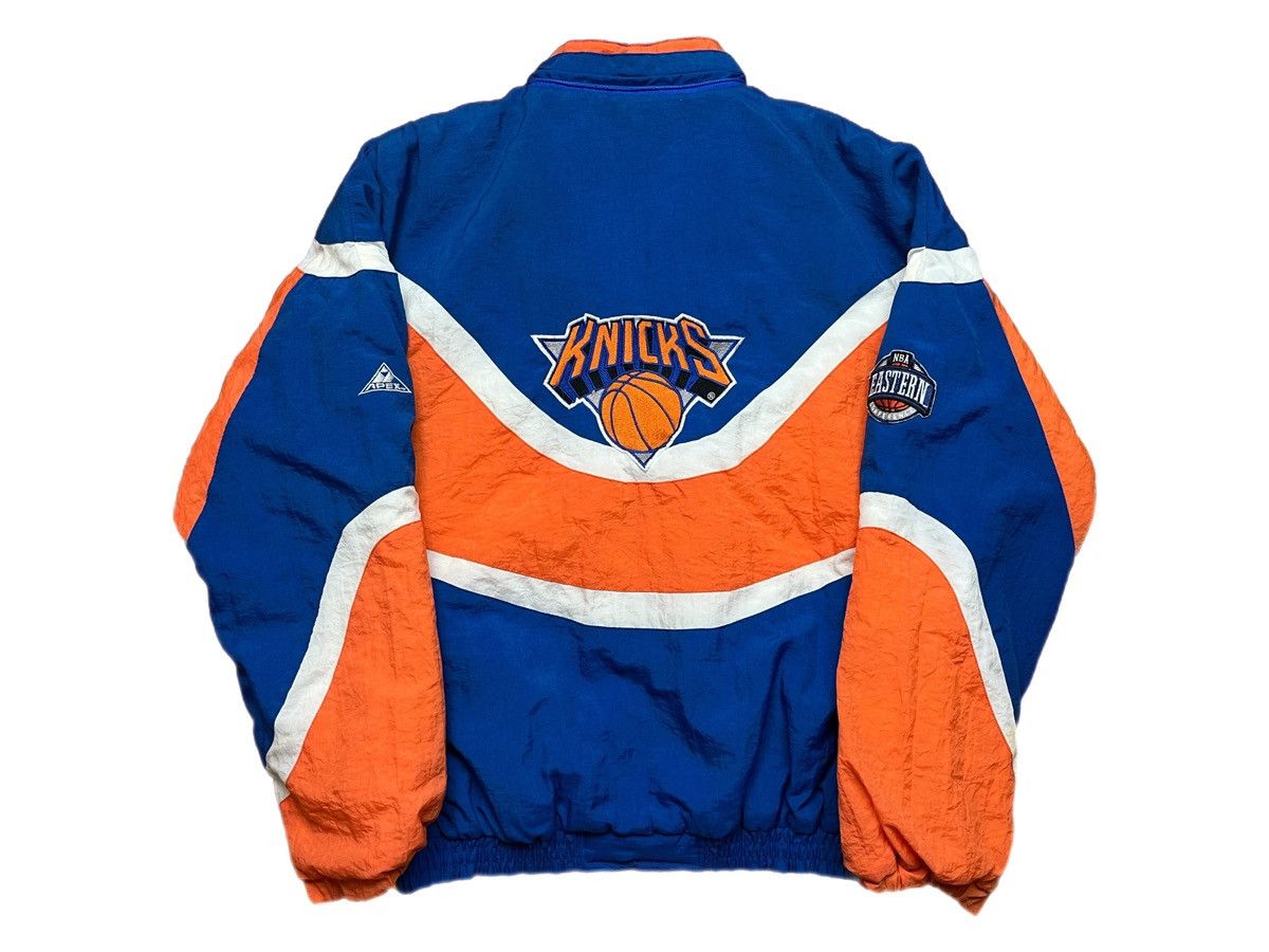 Image of Apex One x NBA Vintage New York Knicks Apex Ona Puffer Jacket Parka in Blue Orange (Size Small)