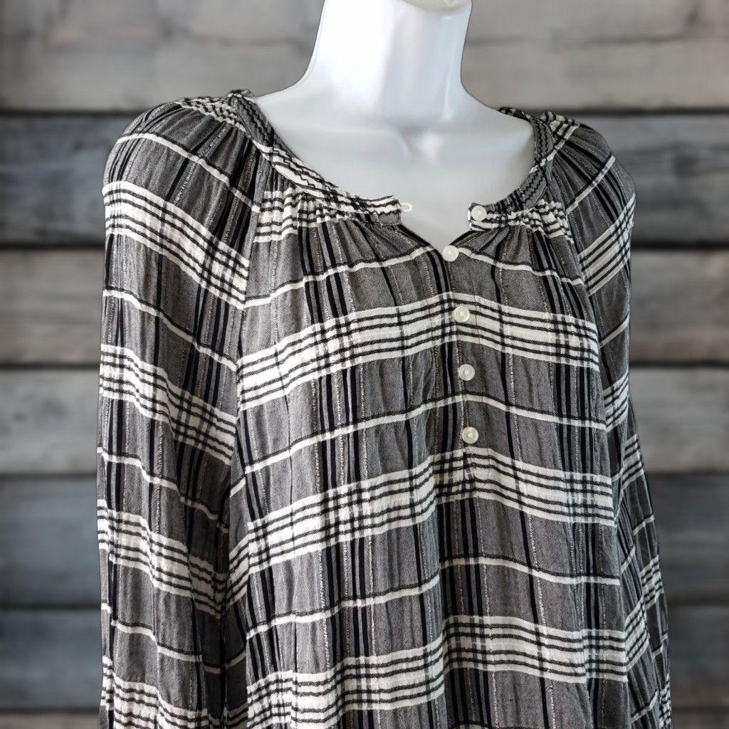 Lucky Brand Lucky Brand Womens Top Blouse Long Sleeve Plaid Black White Size M Viscose Size M / US 6-8 / IT 42-44 - 1 Thumbnail