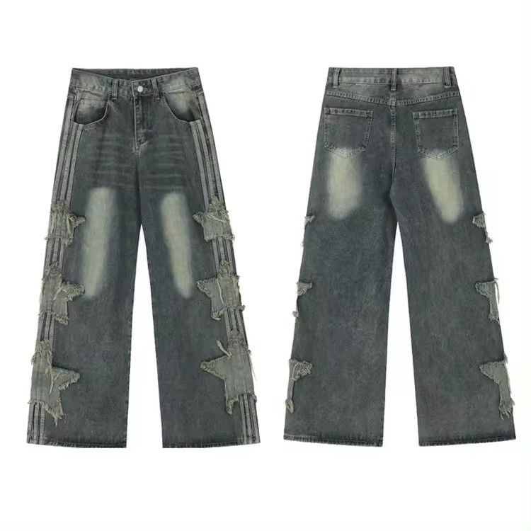 Japanese Brand × Jean Star Patch Embroidery Baggy Stacked Jeans Size US 33 - 4 Thumbnail