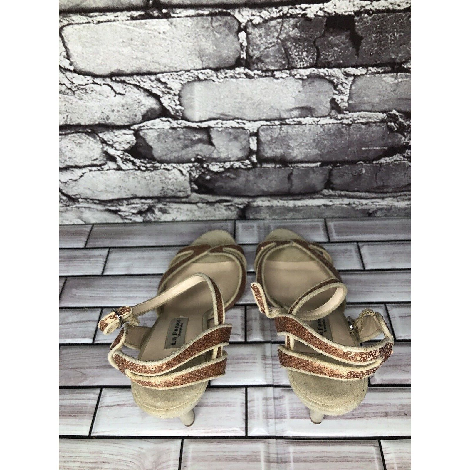 Other La Fenice Venezia Rose Pink Sequin Beige Suede Open Toe Heel Size US 10 / IT 40 - 6 Thumbnail