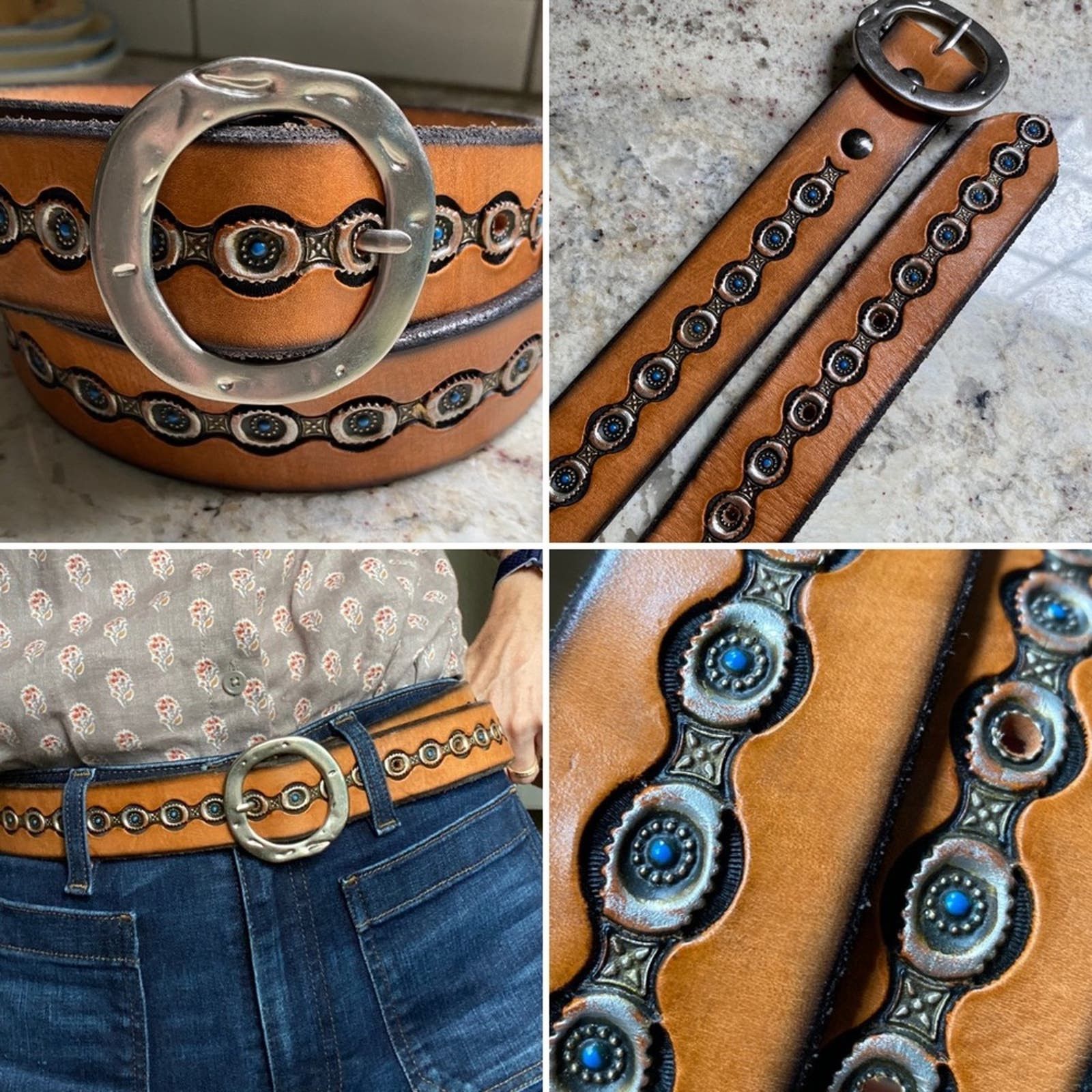 image of Artisan Outfitters $175 Hand Stamped Tooled Leather Belt Silver Buckle 31”-37” in Tan, Women's