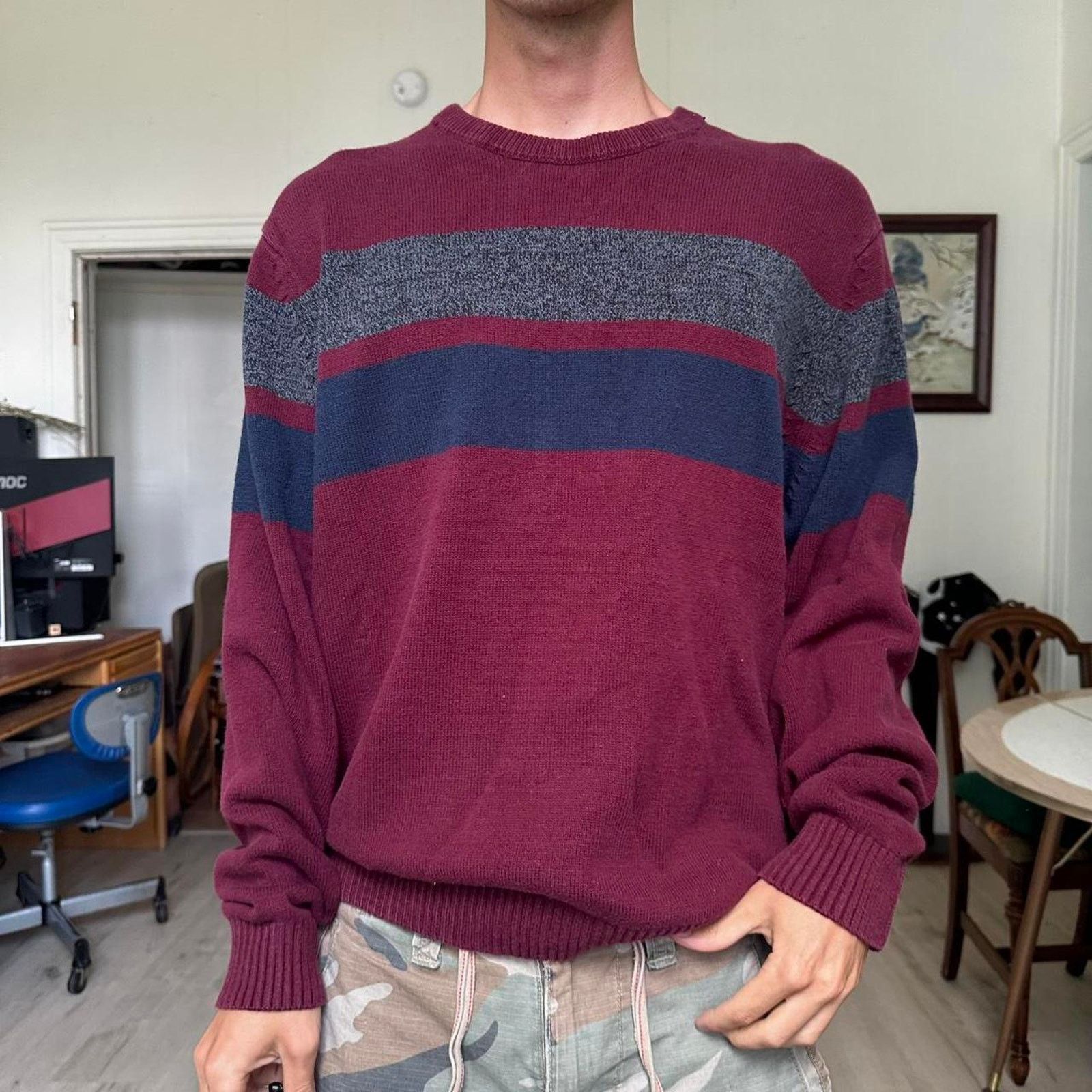 Vintage Vintage Y2K Navy Red baggy oversized Raw Knit Skater Sweater Size US XXL / EU 58 / 5 - 1 Thumbnail