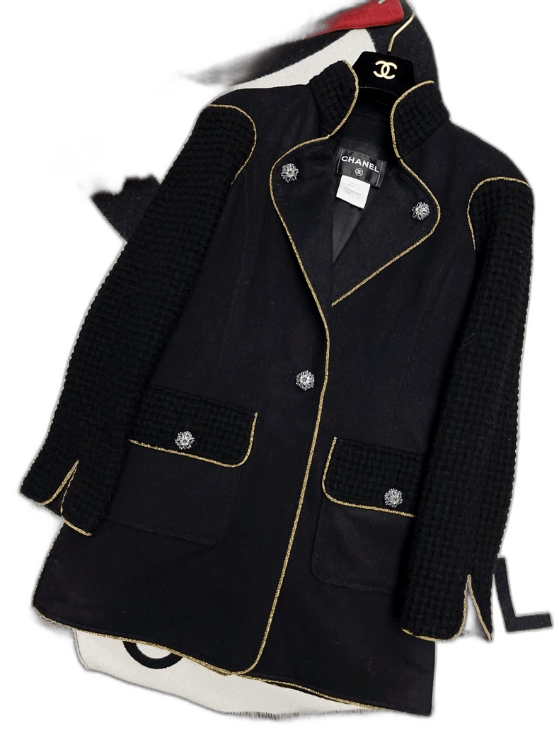 Chanel Chanel Black Long Coat with Gold Trim Size S / US 4 / IT 40 - 1 Thumbnail