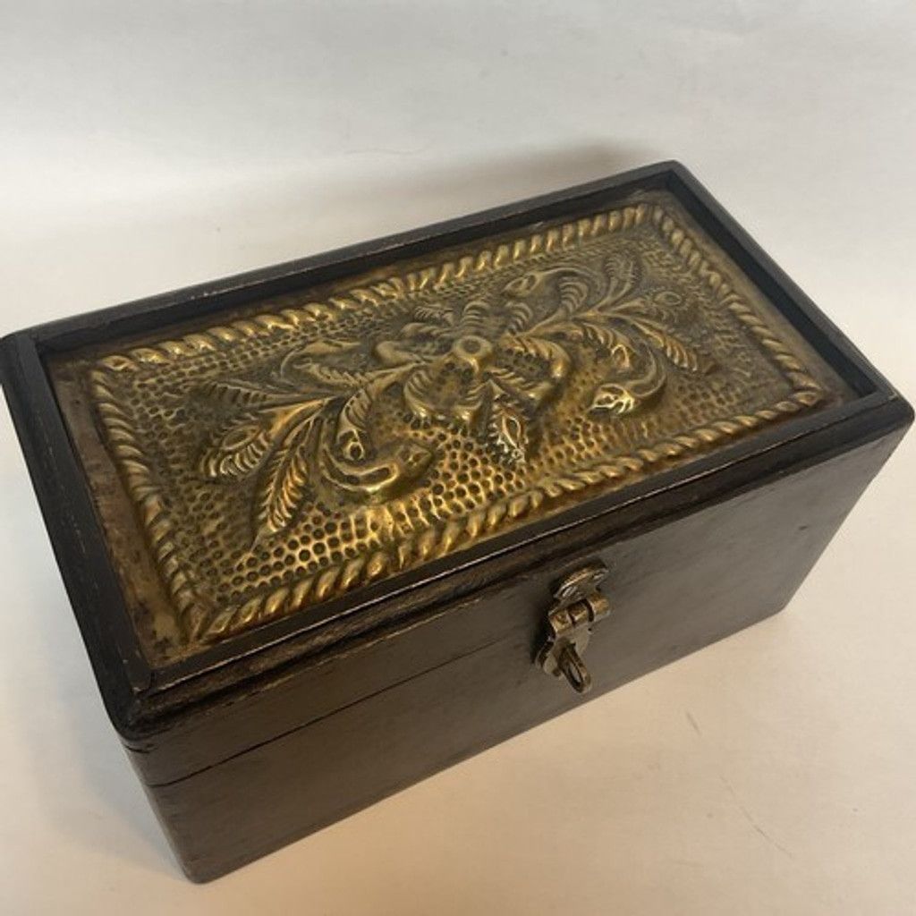 Handmade VTG Dark Brown Wooden Box W/Metal Decorative Brass OrnateTop Size ONE SIZE - 15 Thumbnail