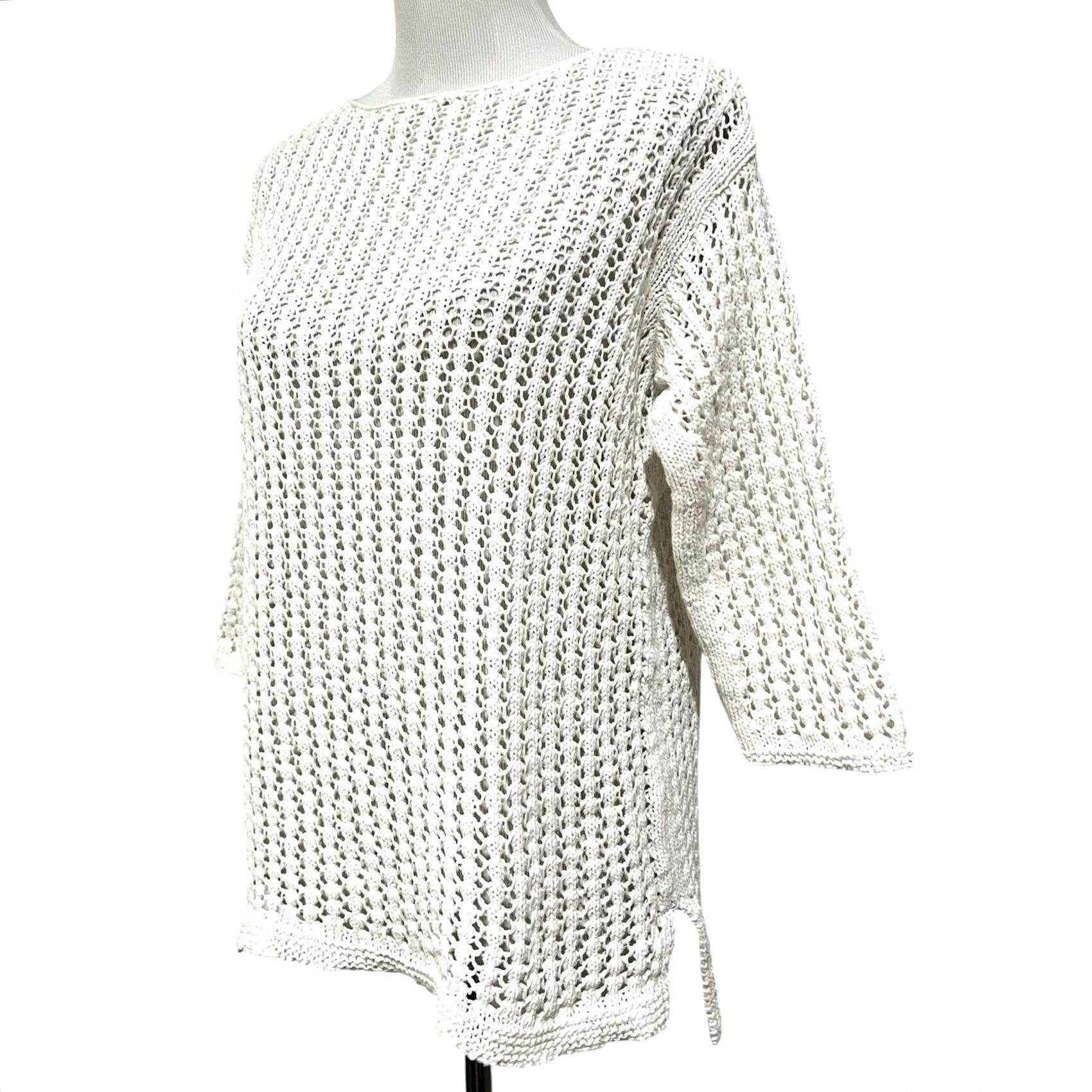 J. Jill J Jill Sweater White Open-Knit Crochet 3/4 Sleeve Cotton Blend S Womens Shirt Knit pullover Classic Coastal Preppy Beach Cottage Size S / US 4 / IT 40 - 2 Thumbnail