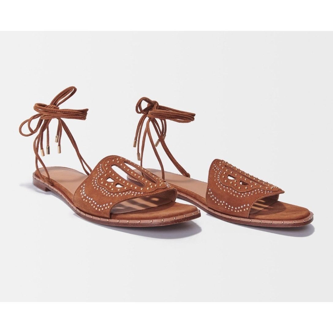 Maje NEW MAJE Flat Studded Lace Up Sandals Camel size 40 / 9.5 Size US 9.5 / IT 39.5 - 3 Thumbnail