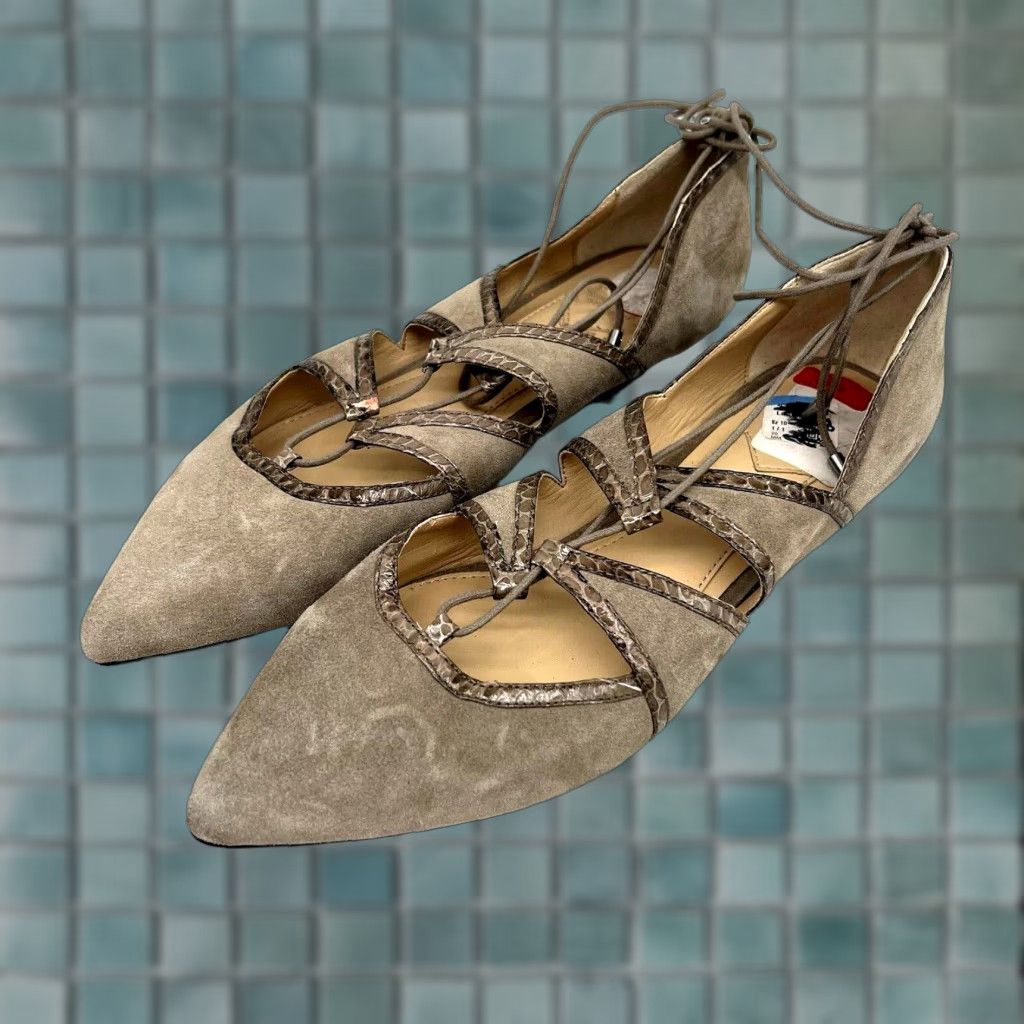 Brian Atwood Brian Atwood Flats Ankel Tie Womens Size 10 Taupe NWOT Suede Pointed Toe Lace Bow Flat Womens Size US 7.5 / IT 37.5 - 1 Thumbnail