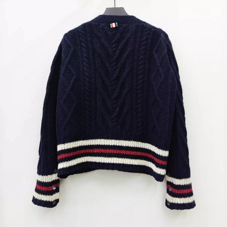 Thom Browne Thom Browne Navy blue striped wool twisted knitted cardigan Size US M / EU 48-50 / 2 - 2 Thumbnail