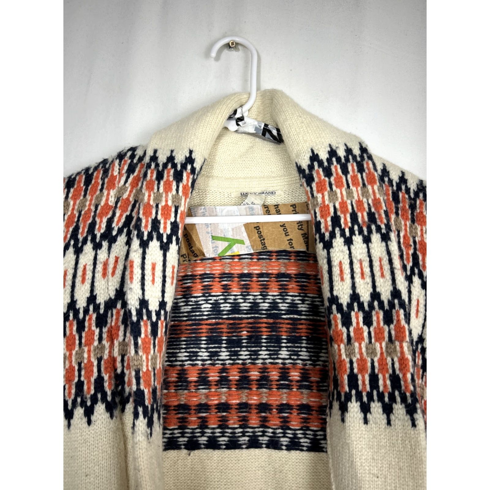 Lucky Brand VINTAGE Lucky Brand Cardigan Womens XS Wool Blend Belt Missing Belt Aztec Woodland Cream Blue Wool Blend Belted Cardigan Womens XS Blue Aztec Theme Size XS / US 0-2 / IT 36-38 - 3 Thumbnail