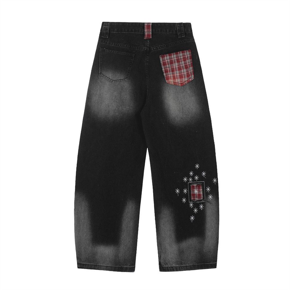 Japanese Brand × Jean Men's loose trendy plaid patch embroidery washed jeans y2k Size US 32 / EU 48 - 2 Thumbnail