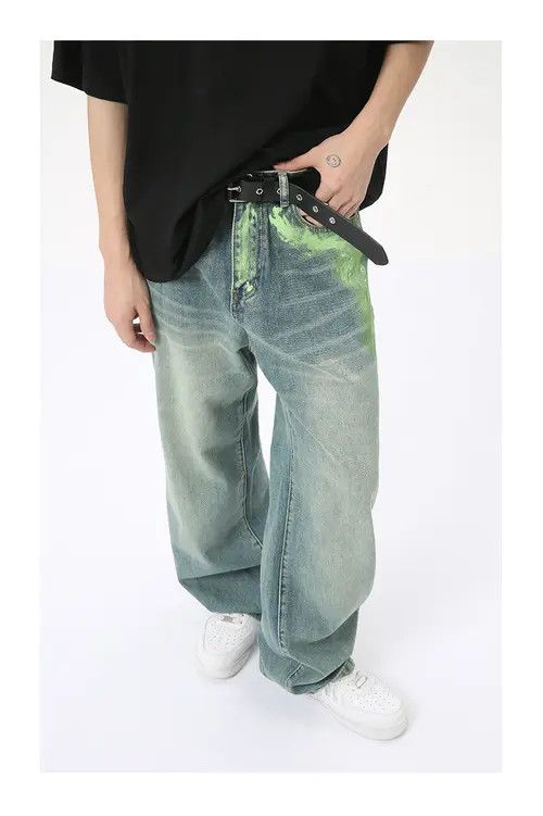 Japanese Brand × Jean Light blue personality ink splash retro straight jeans Size US 32 / EU 48 - 3 Thumbnail