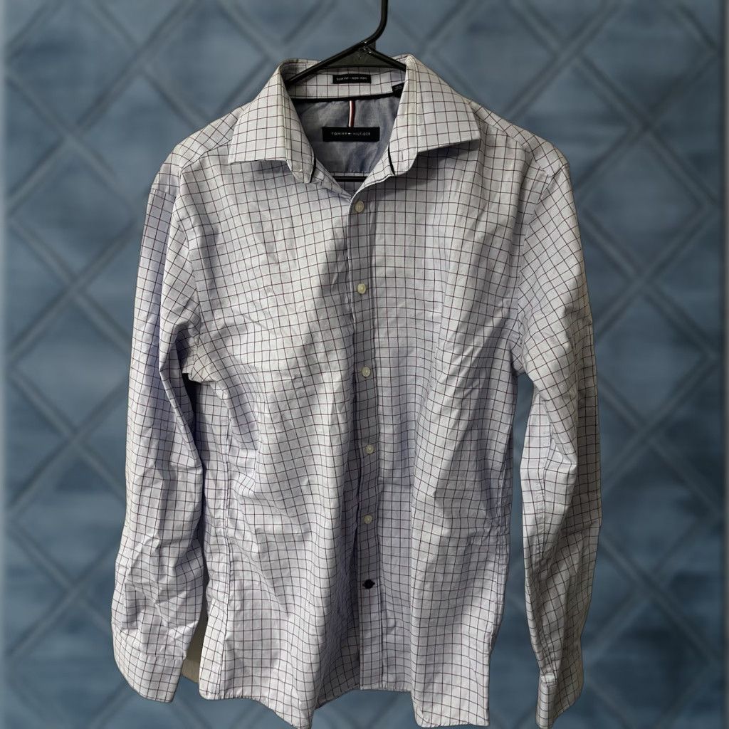 Tommy Hilfiger Tommy Hilfiger Slim Fit Blue Plaid Button-Down Long Sleeve Shirt 15.5 Mens (Regular) B-D Blue Size US M / EU 48-50 / 2 - 1 Thumbnail