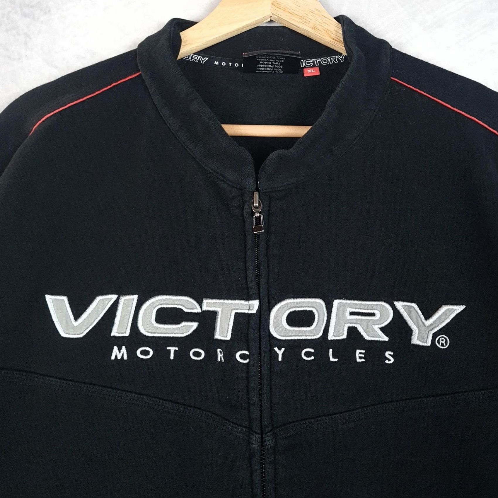 Vintage Victory Motorcycles Jacket Mens XL Black Distressed Embroidered Zip Full Zip Pockets Stand-Up Collar Autumn Casual Riding US Logo Size US XL / EU 56 / 4 - 3 Thumbnail