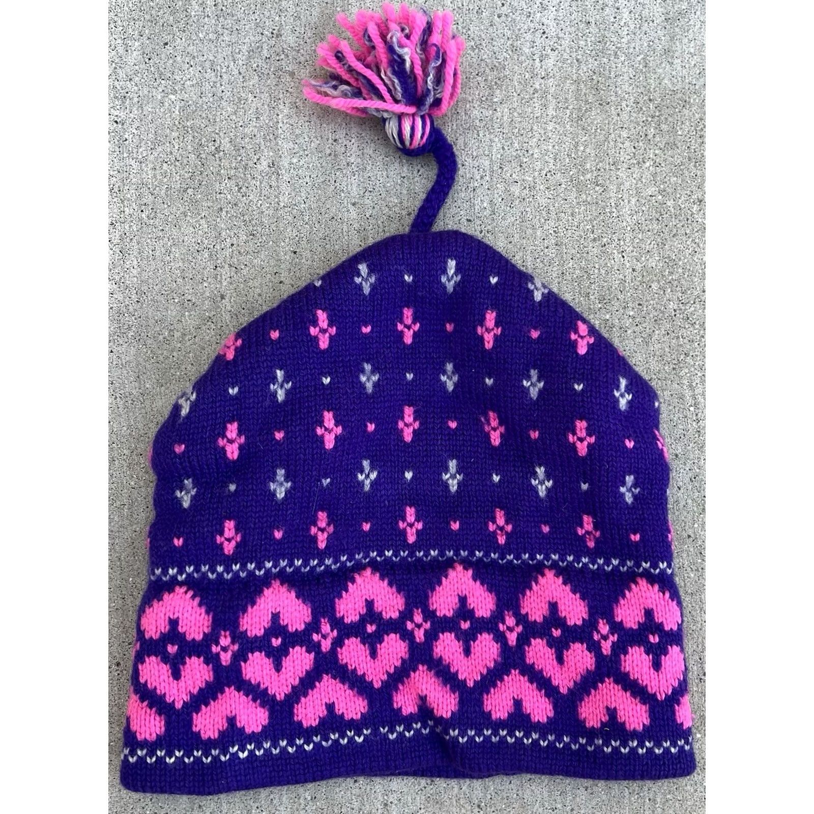 Pinko VINTAGE 80s Wool Ski Beanie Hat Purple Pink Tassel Cap Canada Fair Isle Cappello Size ONE SIZE - 6 Thumbnail