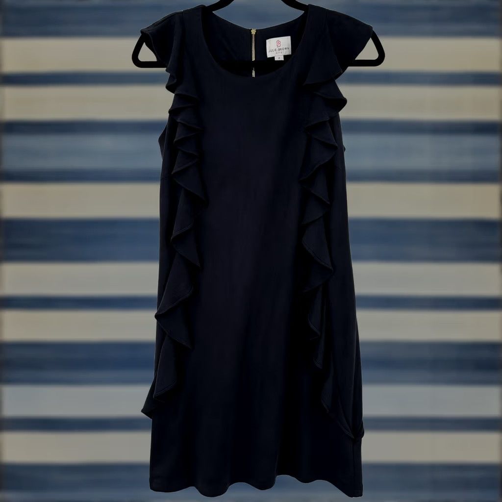 Vintage Julie Brown NYC Navy Blue Faux Suede Ruffle Shift Dress Petite P Sleeveless Mini Size XS / US 0-2 / IT 36-38 - 1 Thumbnail