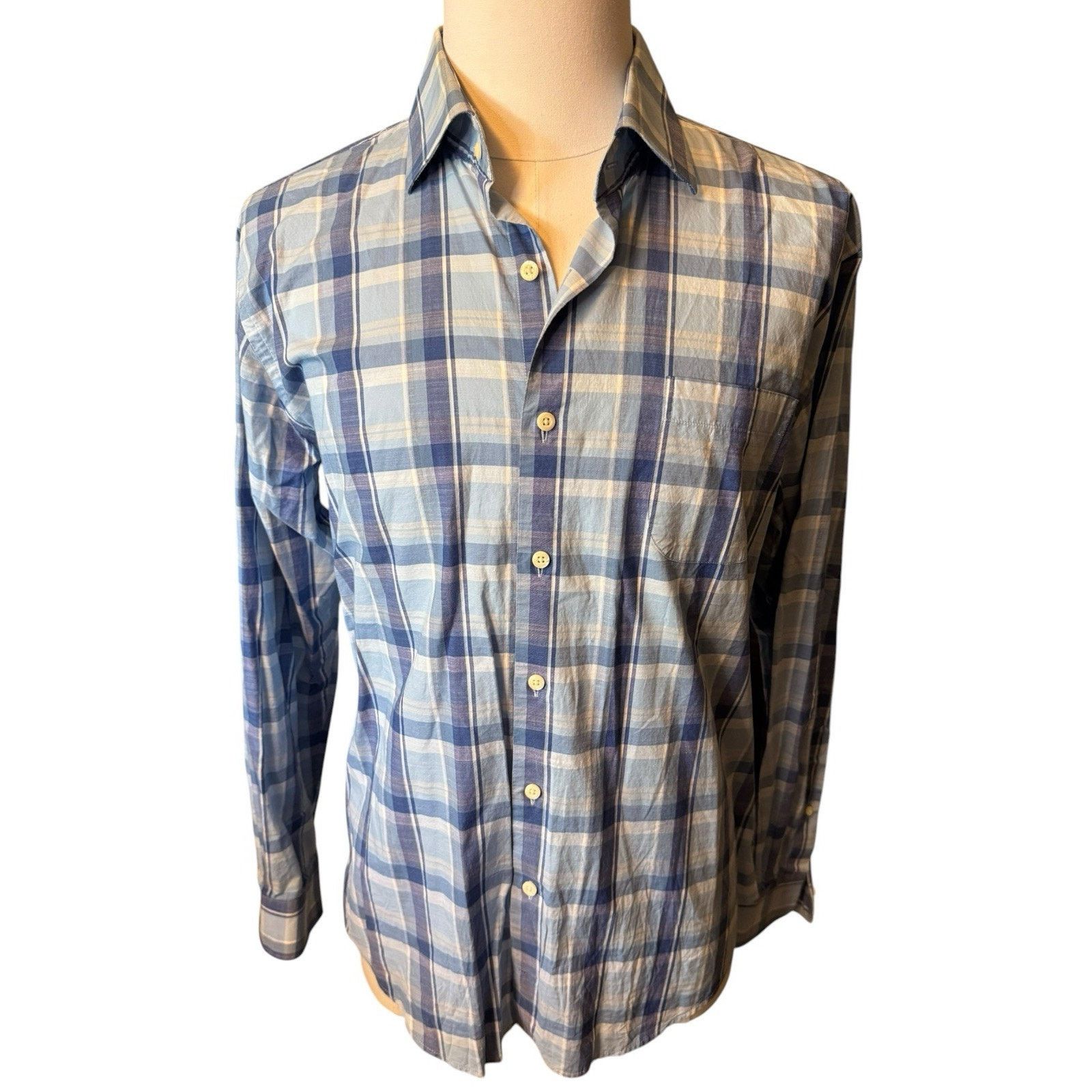 Peter Millar Peter Millar Shirt Blue Plaid Cotton/Spandex Spread Collar Size US L / EU 52-54 / 3 - 1 Thumbnail