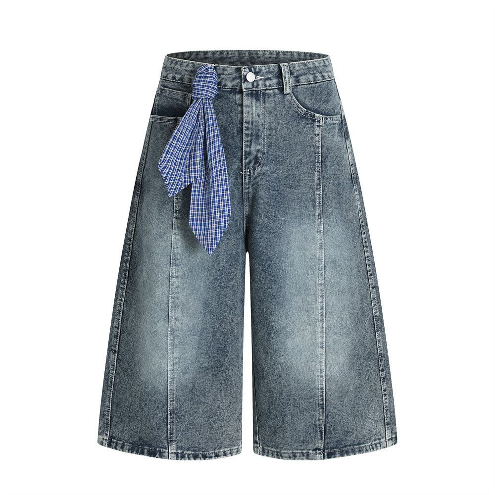 Japanese Brand × Jean Men's plaid lace-up loose punk distressed denim shorts Size US 32 / EU 48 - 1 Thumbnail
