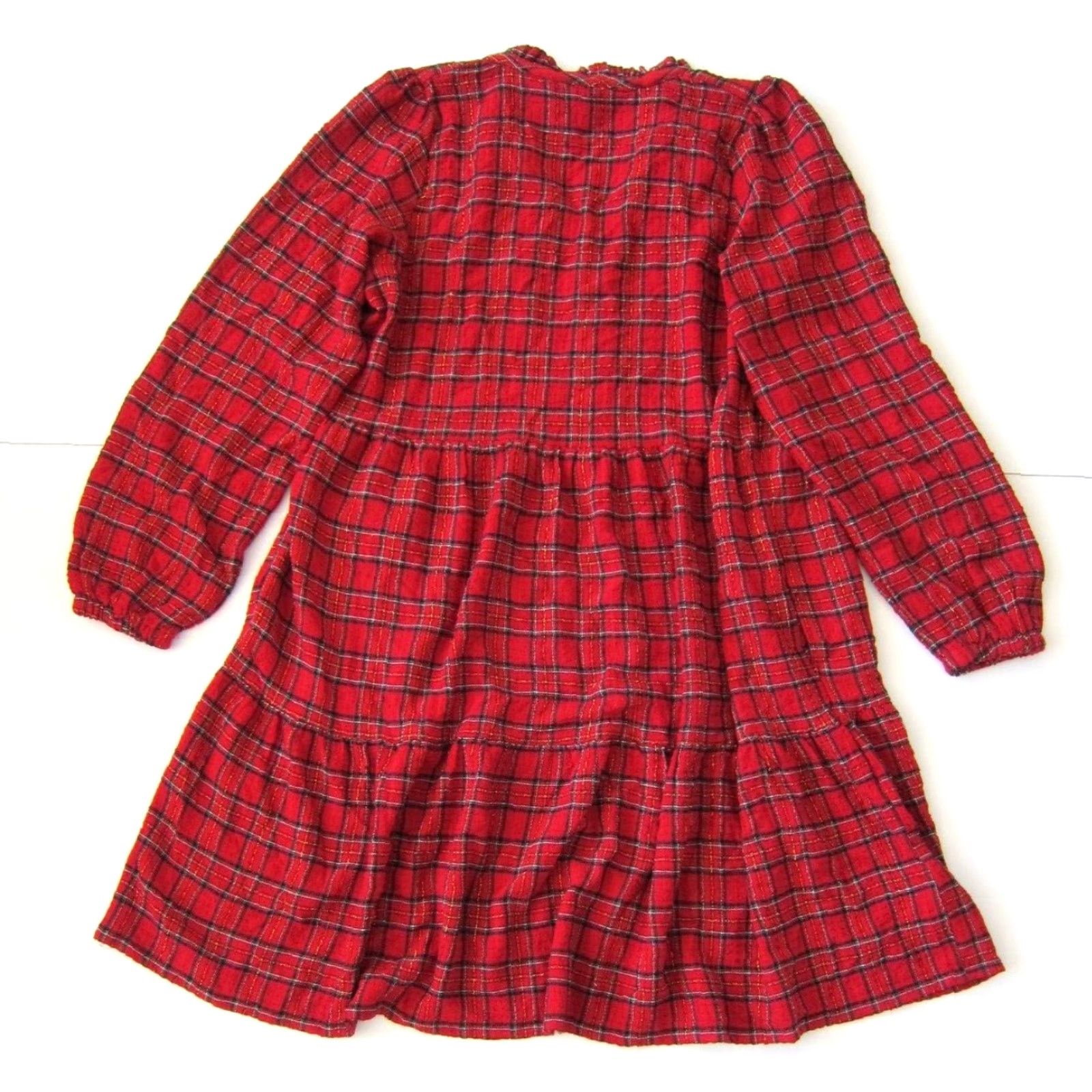 Loft NWT Ann Taylor Loft Red Gold Plaid Long Sleeve Ruffle Neck Empire Dress XS Size XS / US 0-2 / IT 36-38 - 2 Thumbnail