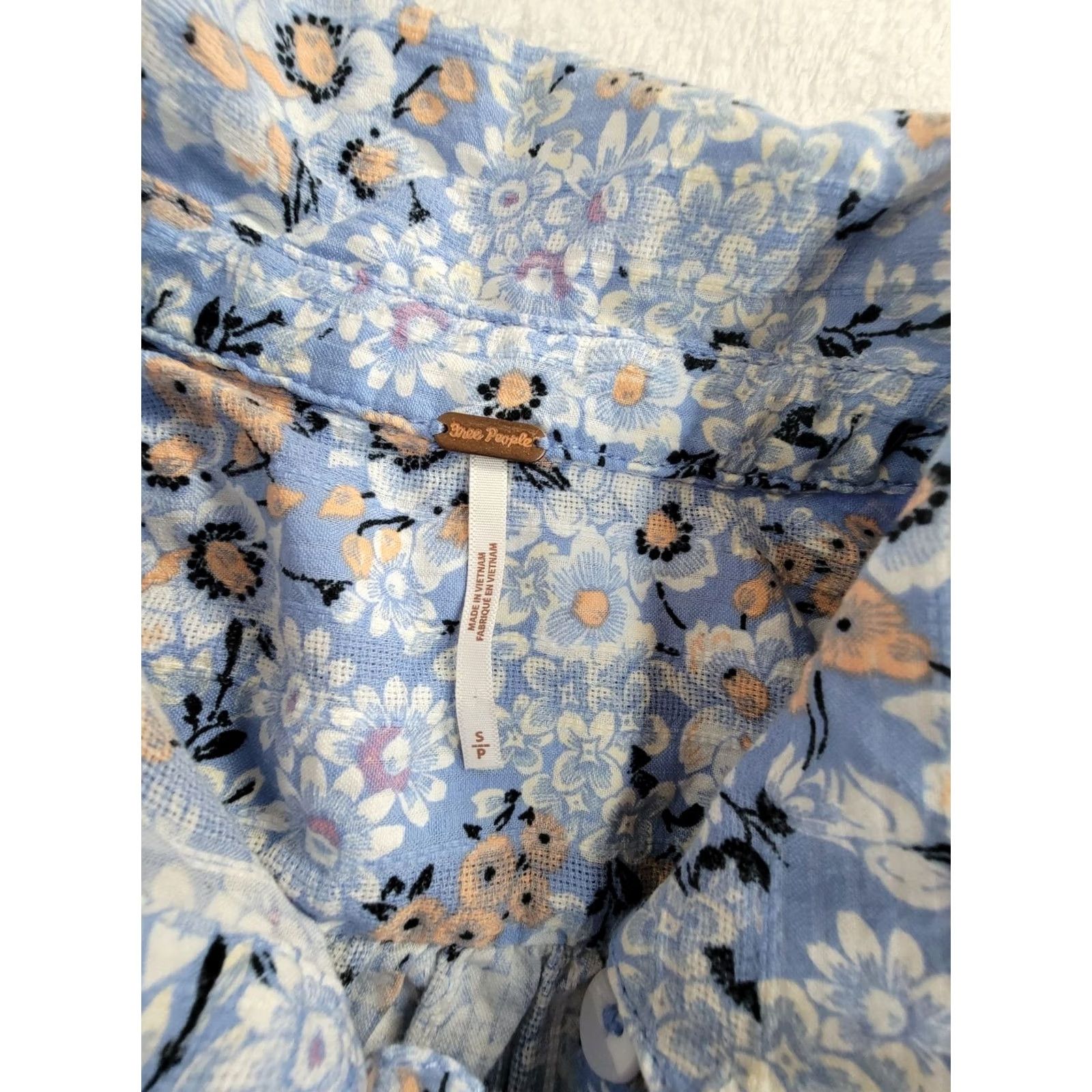 Free People Free People Women Floral Button-Up Puff Sleeve Blouse Small Light Blue Cotton Shirt Womens Size S / US 4 / IT 40 - 3 Thumbnail