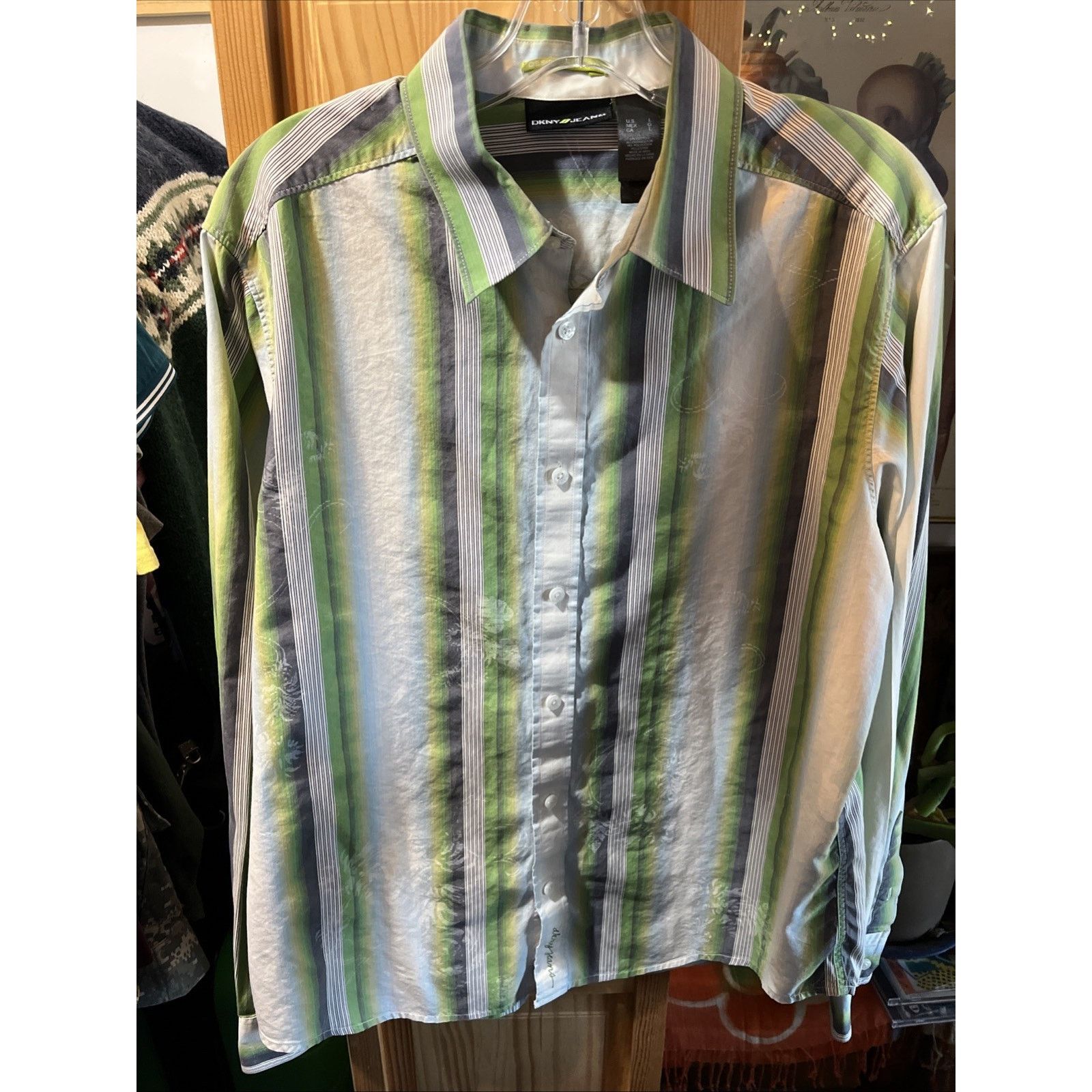 DKNY DKNY Jeans Shirt Mens Large Button Blue Green Striped Cotton Size US L / EU 52-54 / 3 - 10 Thumbnail