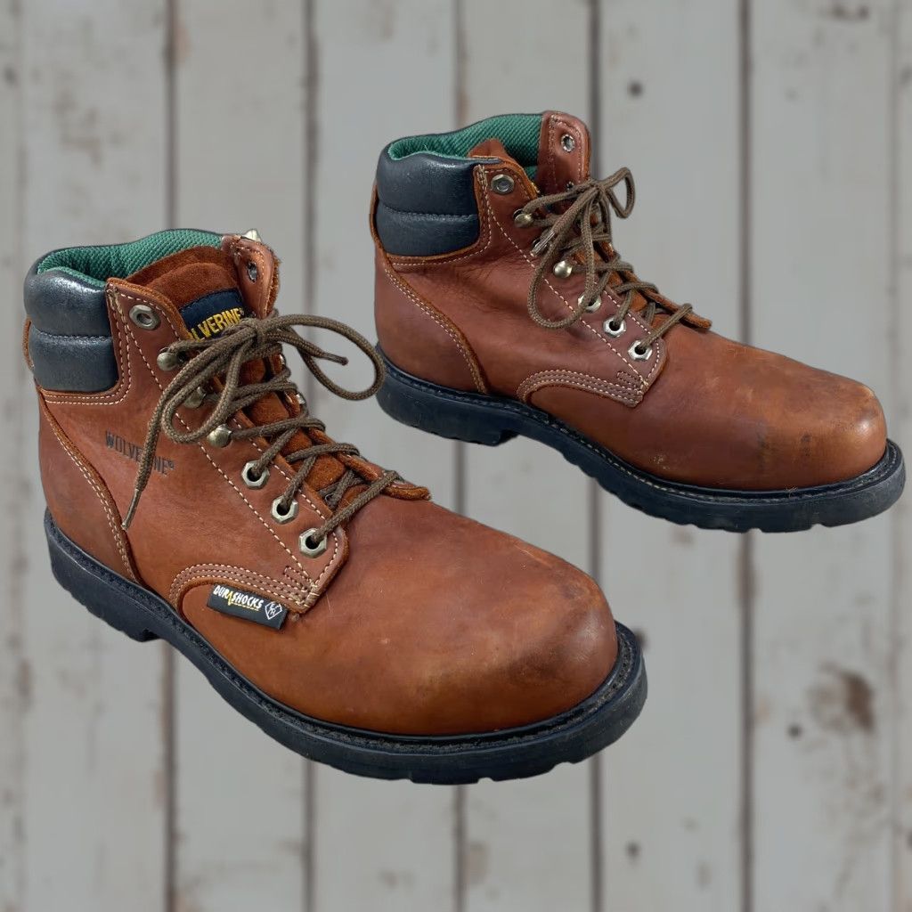 Vibram Wolverine Durashocks Steel Toe Brown Leather Boots SZ 8 3E Made USA Vibram Sole Boots Mens Size US 7 / EU 40 - 1 Thumbnail