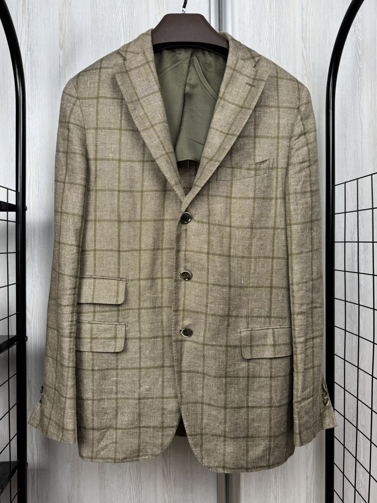 Doriani Doriani Milano beige checkered unlined linen wool blazer Size 44R - 2 Thumbnail