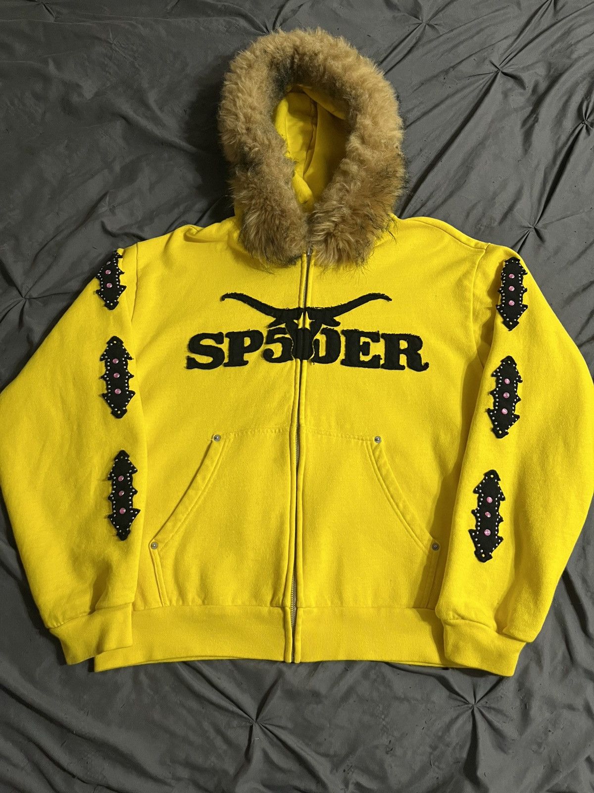Sp5der Sp5der Faux Fur Hooded Zip-up Yellow | Grailed