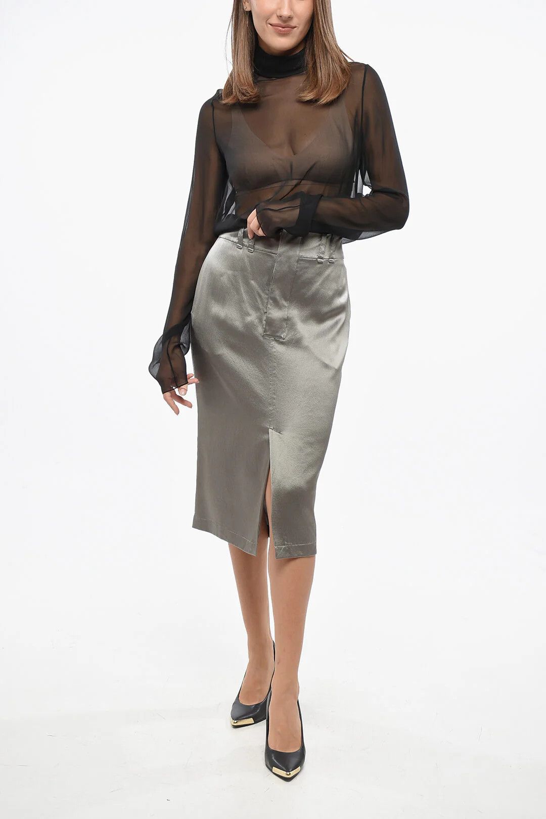 Saint Laurent Paris og1mm0326 Silk Midi Skirt in Grey Size 32" / US 10 / IT 46 - 3 Thumbnail