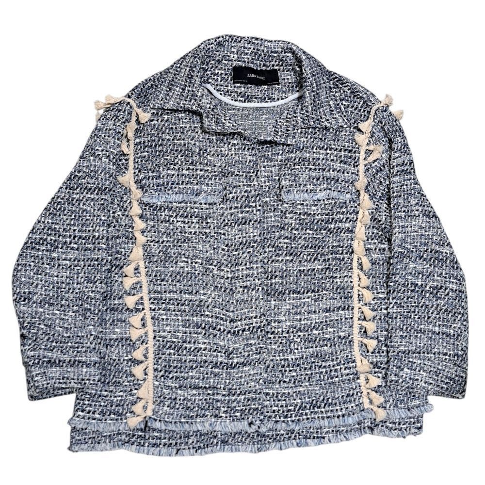 Zara Zara Tweed Jacket Boho Western Tassel Pockets Medium Blue/Wh Size M / US 6-8 / IT 42-44 - 1 Thumbnail