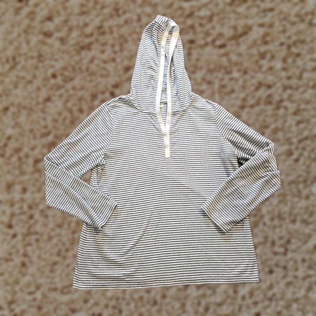 J. Jill J. Jill Top Hoodie Womens Size M White Black Striped Terry Cloth Hooded Casual Fit Shirt Size M / US 6-8 / IT 42-44 - 1 Thumbnail