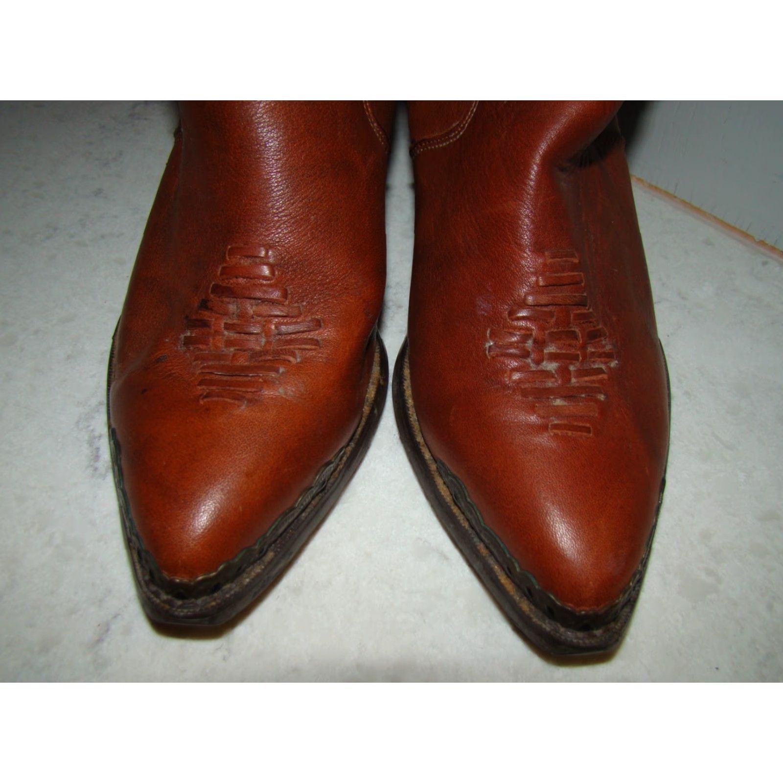 Vintage VINTAGE Zodiac Boots Western Slouch Bolo Tie Toe Cap Brown Leather Women Medium 9M Size ONE SIZE - 4 Thumbnail