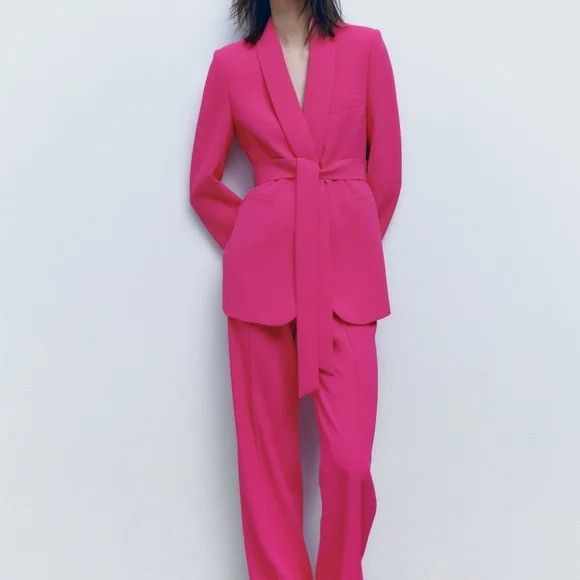 Zara ZARA SET Tuxedo Collar Blazer Belted & Pant neon Fuschia Size L / US 10 / IT 46 - 1 Thumbnail