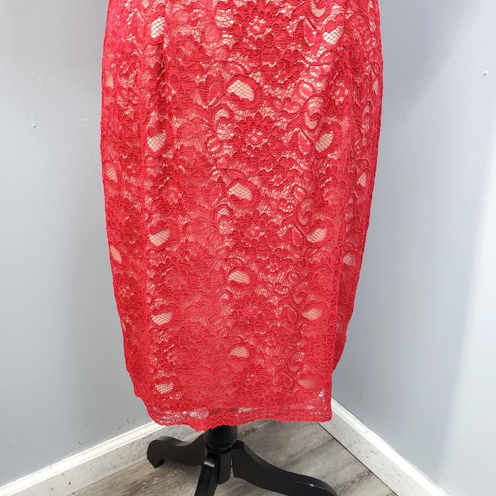 Vintage Jax Woman Red Tan Lace Overlay Knee Length 3/4 Sleeve Sheath Dress Size 10 Back Zip** Size L / US 10 / IT 46 - 4 Thumbnail
