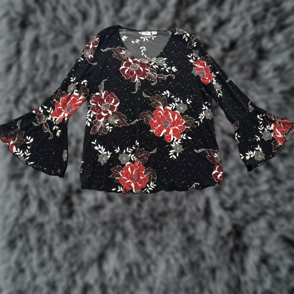 Vintage Cato Woman Shirt Womens 14/16 Black Red Floral Bell Sleeve Stretch Top Boho Size XL / US 12-14 / IT 48-50 - 1 Thumbnail