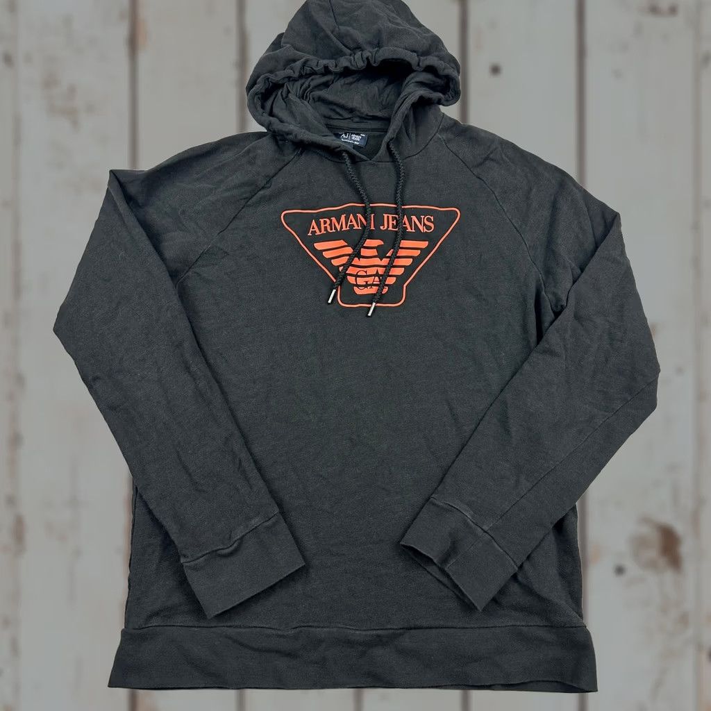 Vintage Armani Jeans Hoodie Men Large Black Orange Logo Pullover Lightweight Solid L Size US L / EU 52-54 / 3 - 1 Thumbnail