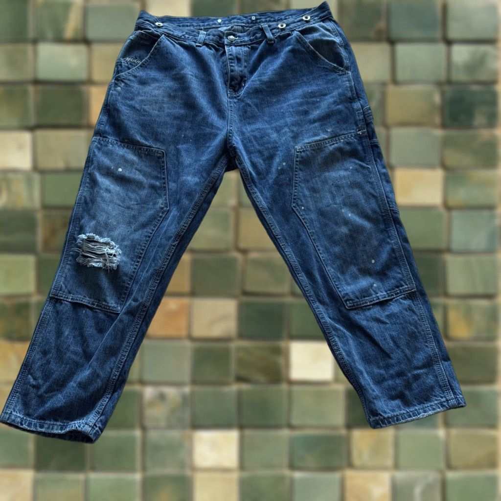 Doublet MDNS Madness Jeans Double Knee Faded Painted Distressed Suspenders Large Mens Jeans Distressed Blue 24in Inseam L Regular, Tapered, Pre-owned Size US 33 - 1 Thumbnail