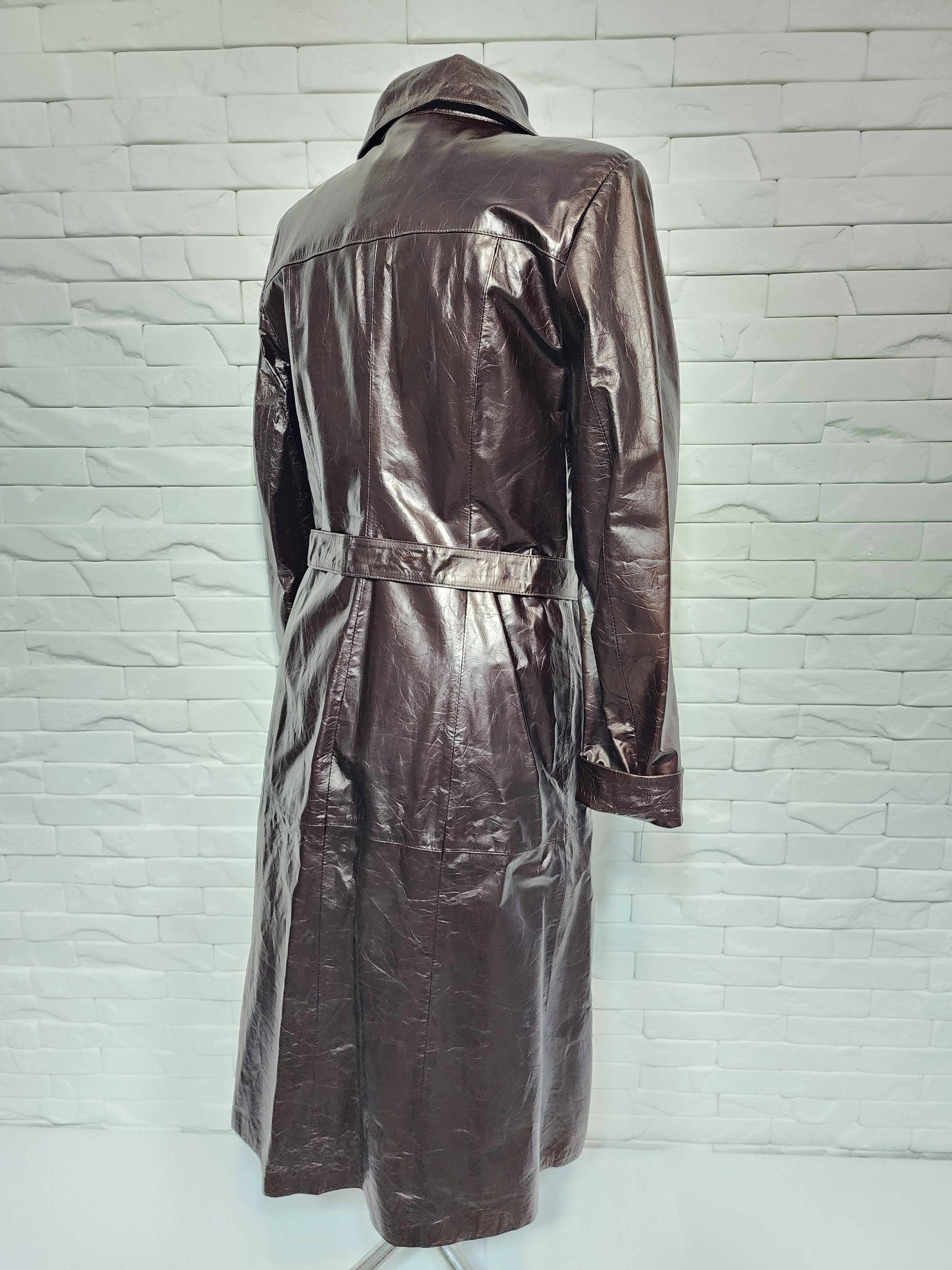 Genuine Leather Brown Patent Leather Coat: Belted Coat. Size L / US 10 / IT 46 - 5 Thumbnail