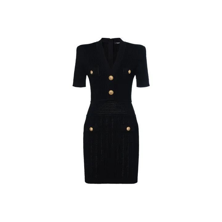 Balmain Balmain Black V-Neck Fitted Short Dress -2507 Size M / US 6-8 / IT 42-44 - 1 Thumbnail