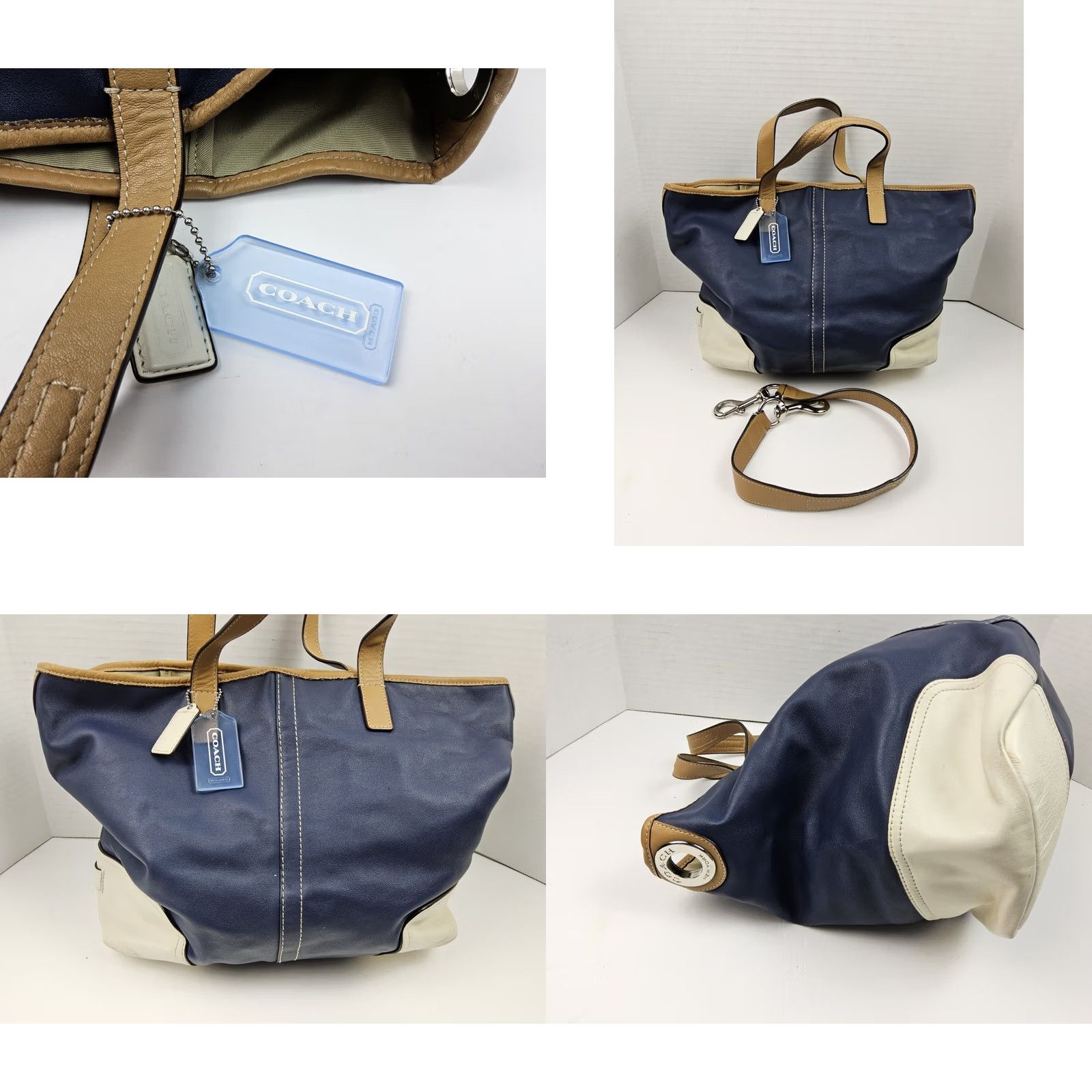 Coach Coach Hadley Midnight Blue/White Convertible Shoulder Handbag Purse Bag Tote 15x10x5.5 Women Leather Gold Hardware Silver Ch/ Designer 90s? Size ONE SIZE - 8 Thumbnail