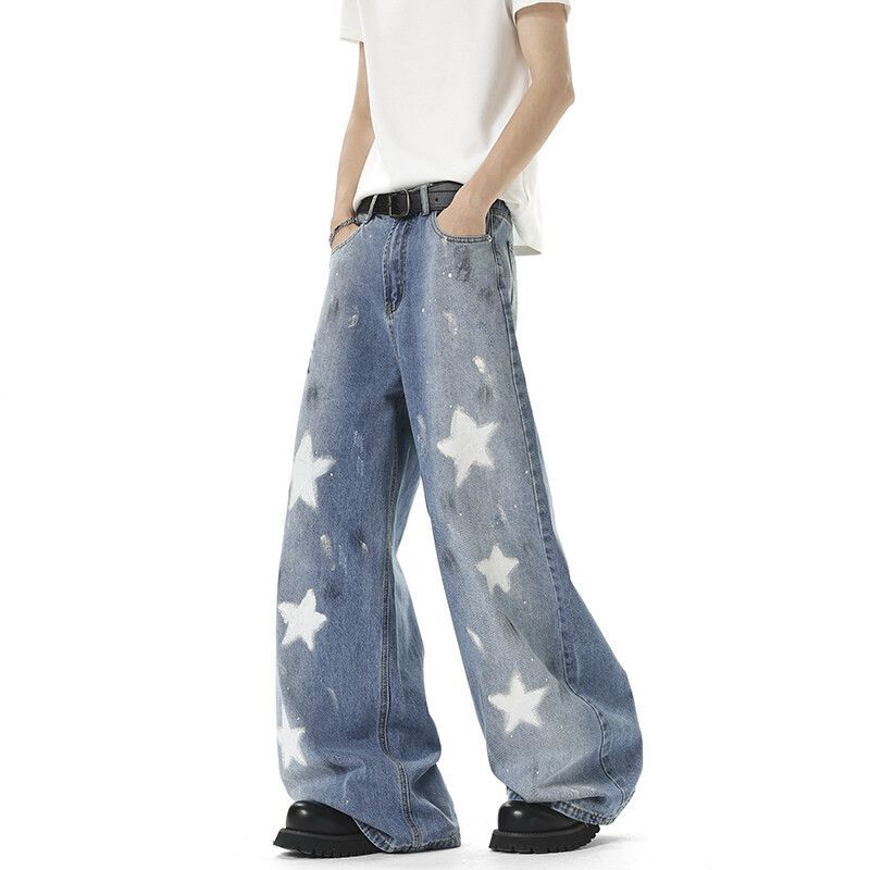 Japanese Brand American men's street loose straight star graffiti jeans Size US 32 / EU 48 - 4 Thumbnail