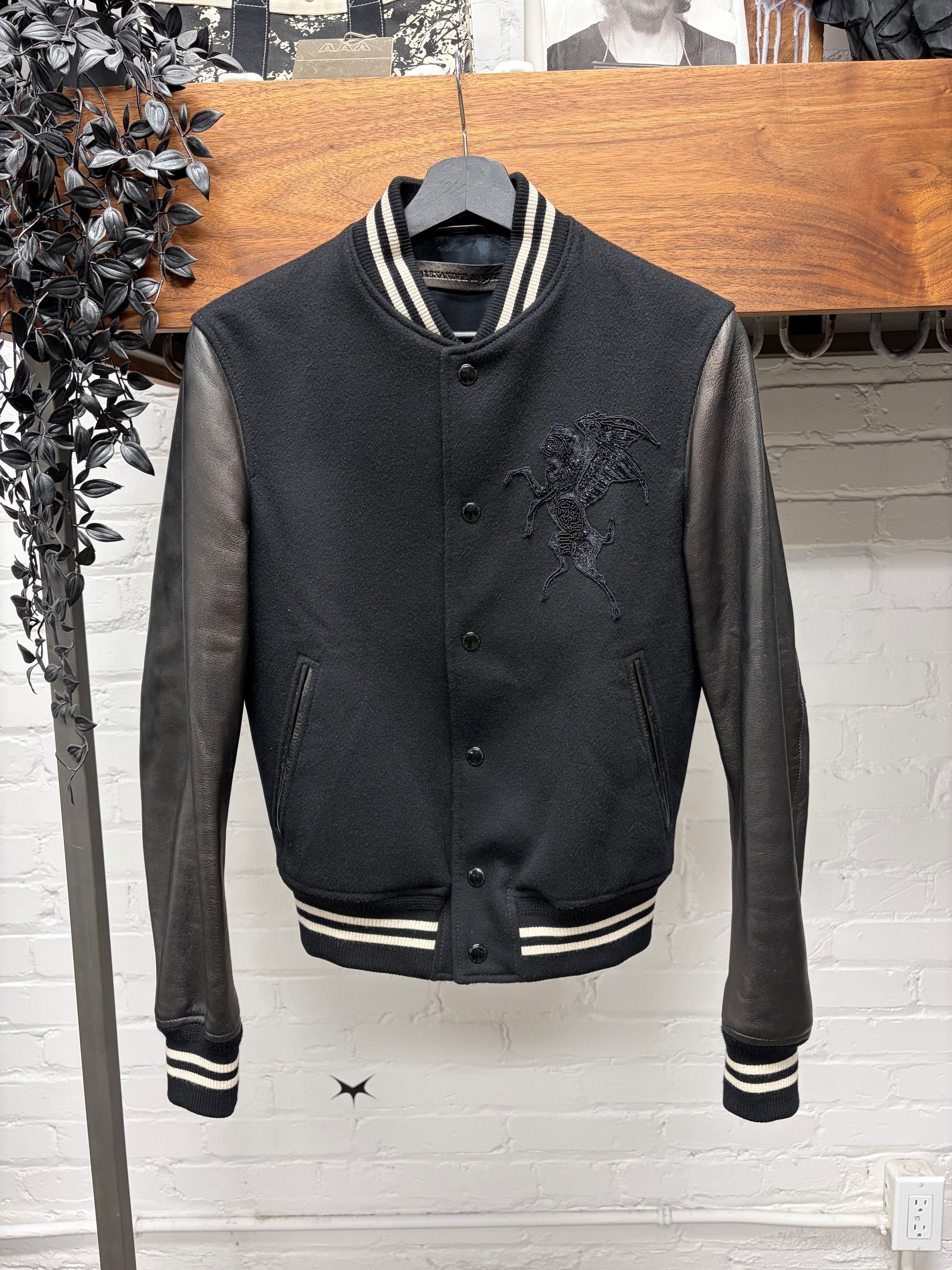 Alexander McQueen Sequin ‘Gryphon’ Wool/Leather Black Varsity Jacket