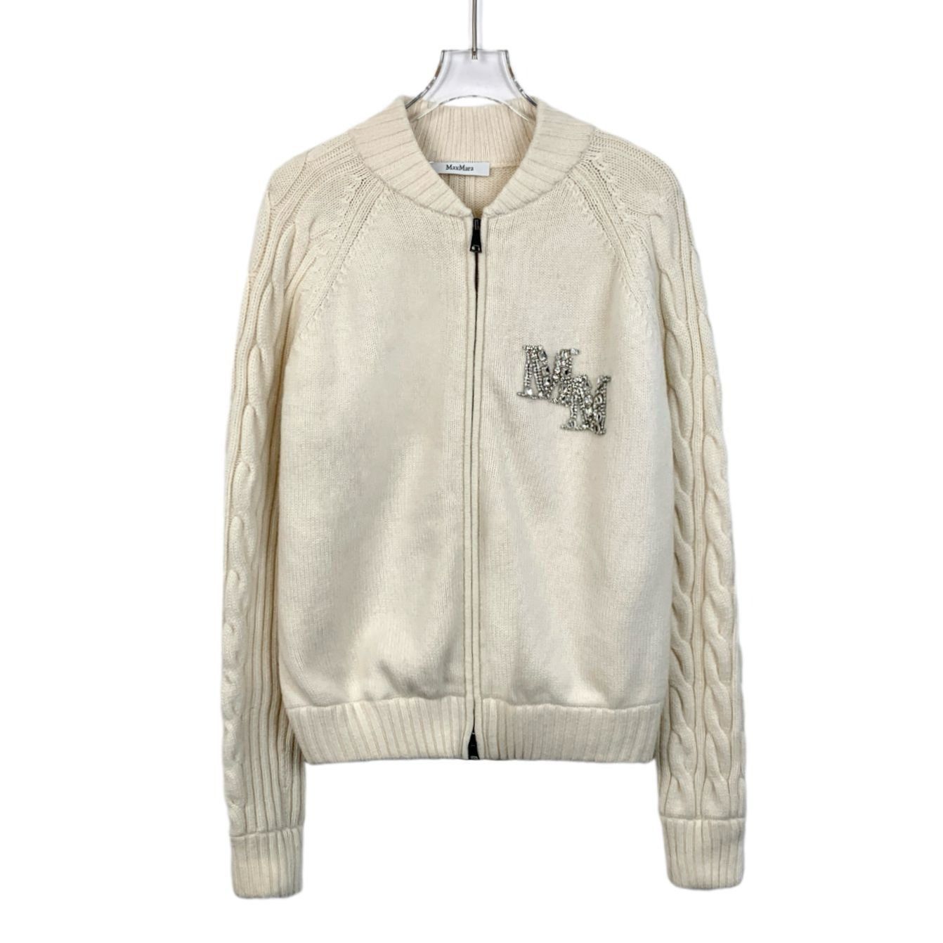 Max Mara MaxMara Beige Letter Crystal-Embellished Merino Wool Zip-Up Size L / US 10 / IT 46 - 1 Thumbnail