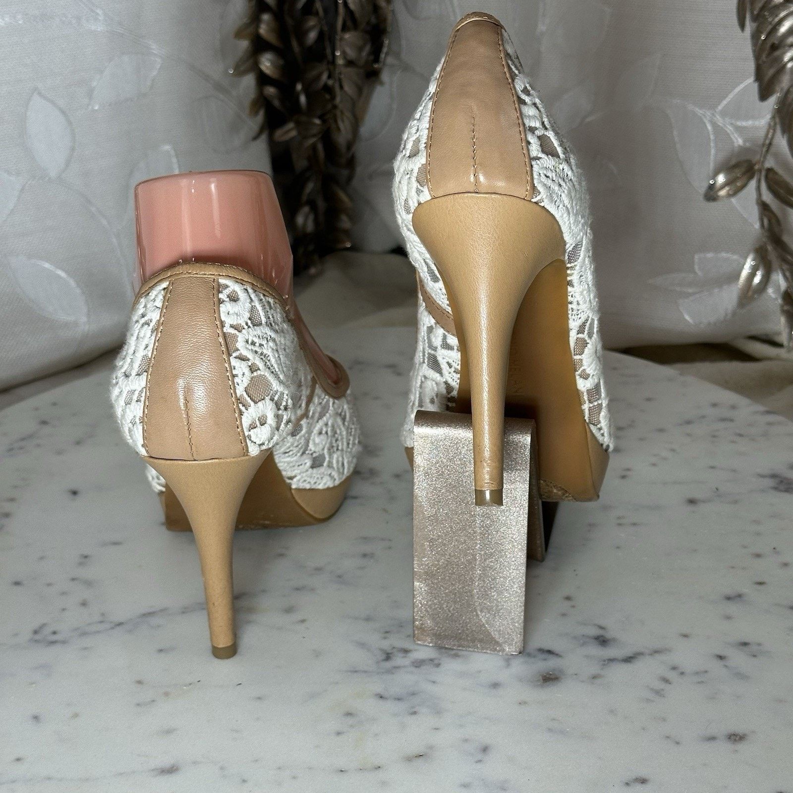 Other Antonio Melani 7.5 Cream Lace Peep-Toe Heels Bridal Boho Size US 7.5 / IT 37.5 - 3 Thumbnail